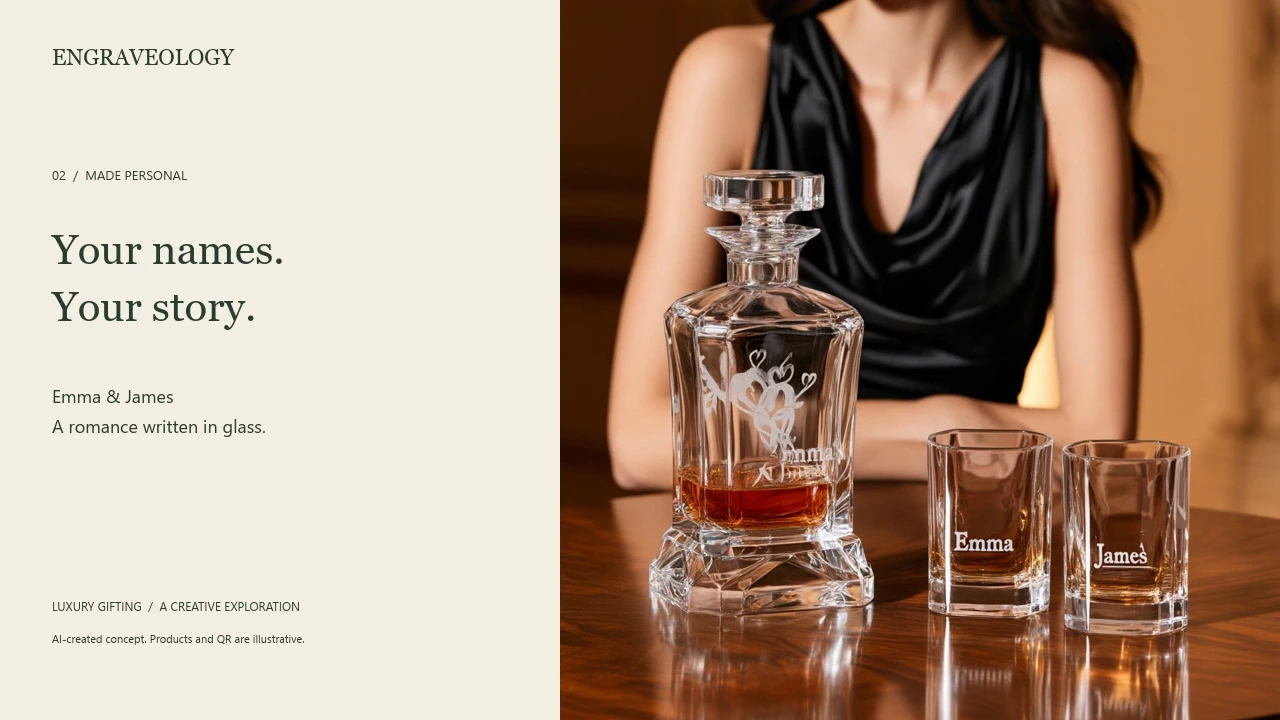 Original campaign scene featuring a woman with a personalized decanter and glasses