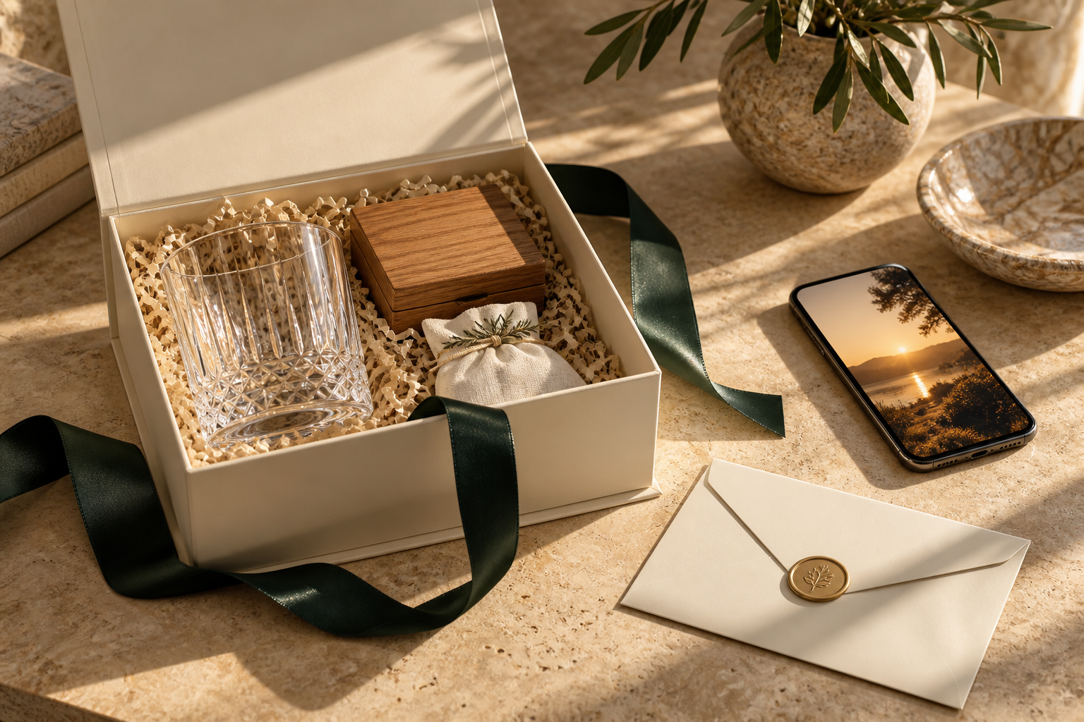 Open gift box with glassware, keepsakes and a personal memory on a phone