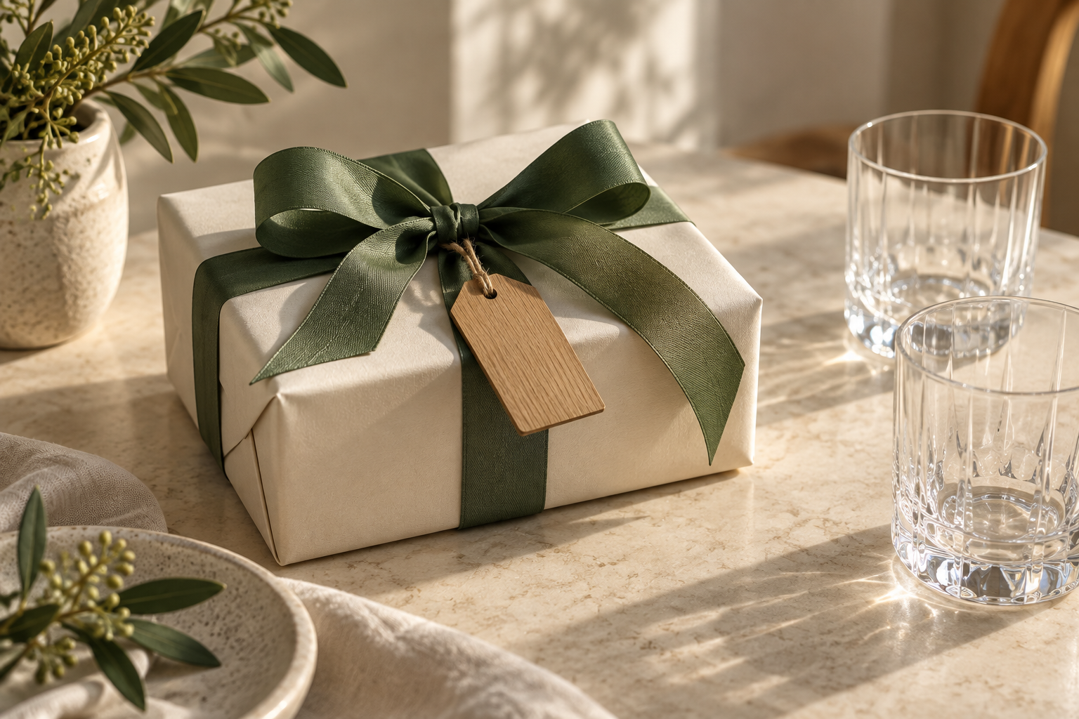 Ivory gift box with forest-green ribbon and a wooden tag
