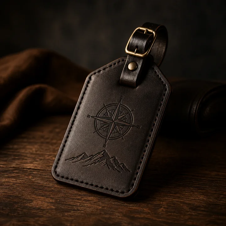 Compass-engraved leather travel keepsake concept