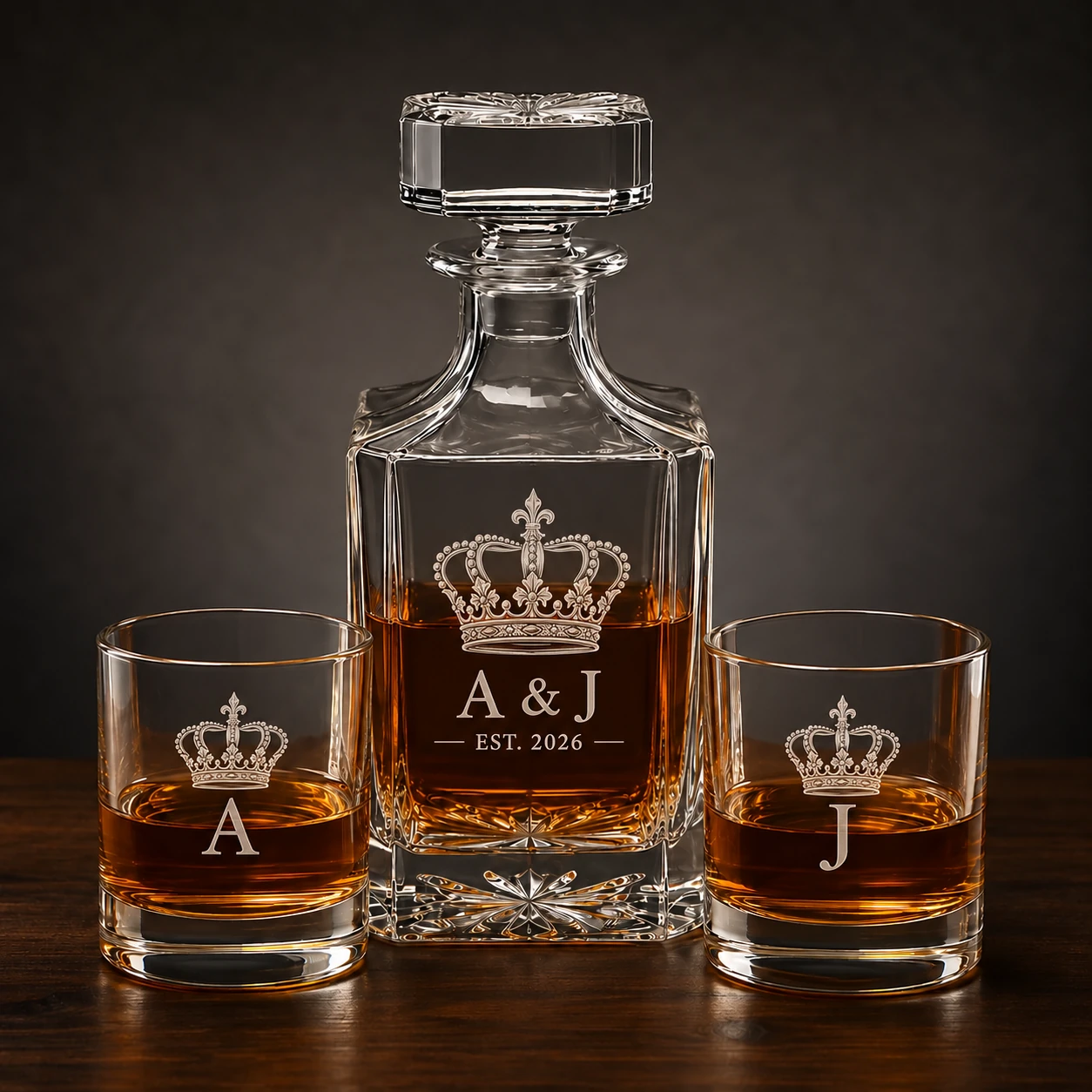 Royal crown decanter set with A and J initials
