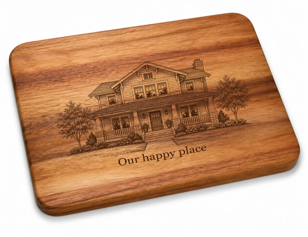 Detailed architectural house portrait on the acacia serving board